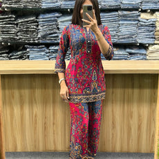 Printed Asymmetric Red And Blue Rayon Co-Ord Set