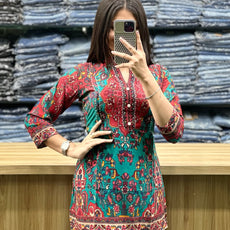 Printed Asymmetric Green And Red Rayon Co-Ord Set