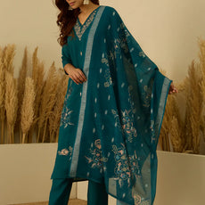 Saanjh Teal Women Kurta and Pant Dupatta Sets Silk Fabrics with Embroidery