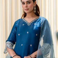 Meher Teal-blue Embroidred Kurta Sets with Sequins Work Women Suits