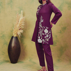 Women Elegant Purple Co-Ord Set Featuring Thread Embroidery , Paired With Ankle-Length Trousers For A Chic, Coordinated Look.
