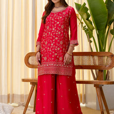 Rani Pink Silk Blend Embroidered with Sequins Straight Kurta Palazzo Dupatta Set
