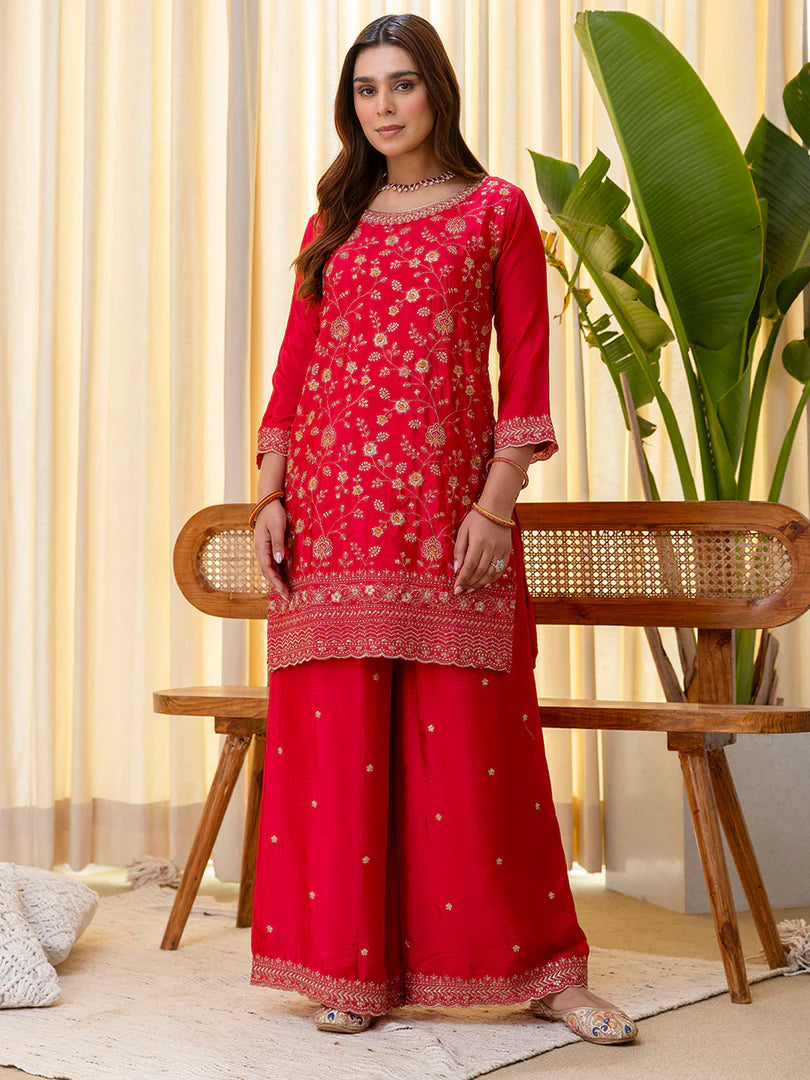 Rani Pink Silk Blend Embroidered with Sequins Straight Kurta Palazzo Dupatta Set