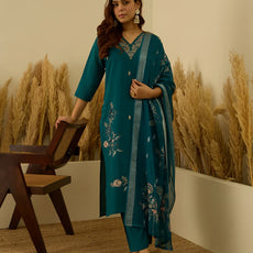 Saanjh Teal Women Kurta and Pant Dupatta Sets Silk Fabrics with Embroidery