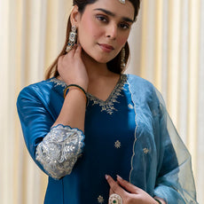 Meher Teal-blue Embroidred Kurta Sets with Sequins Work Women Suits