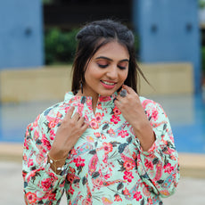 Floral Printed Mandarin Collar Top With Straight Trousers