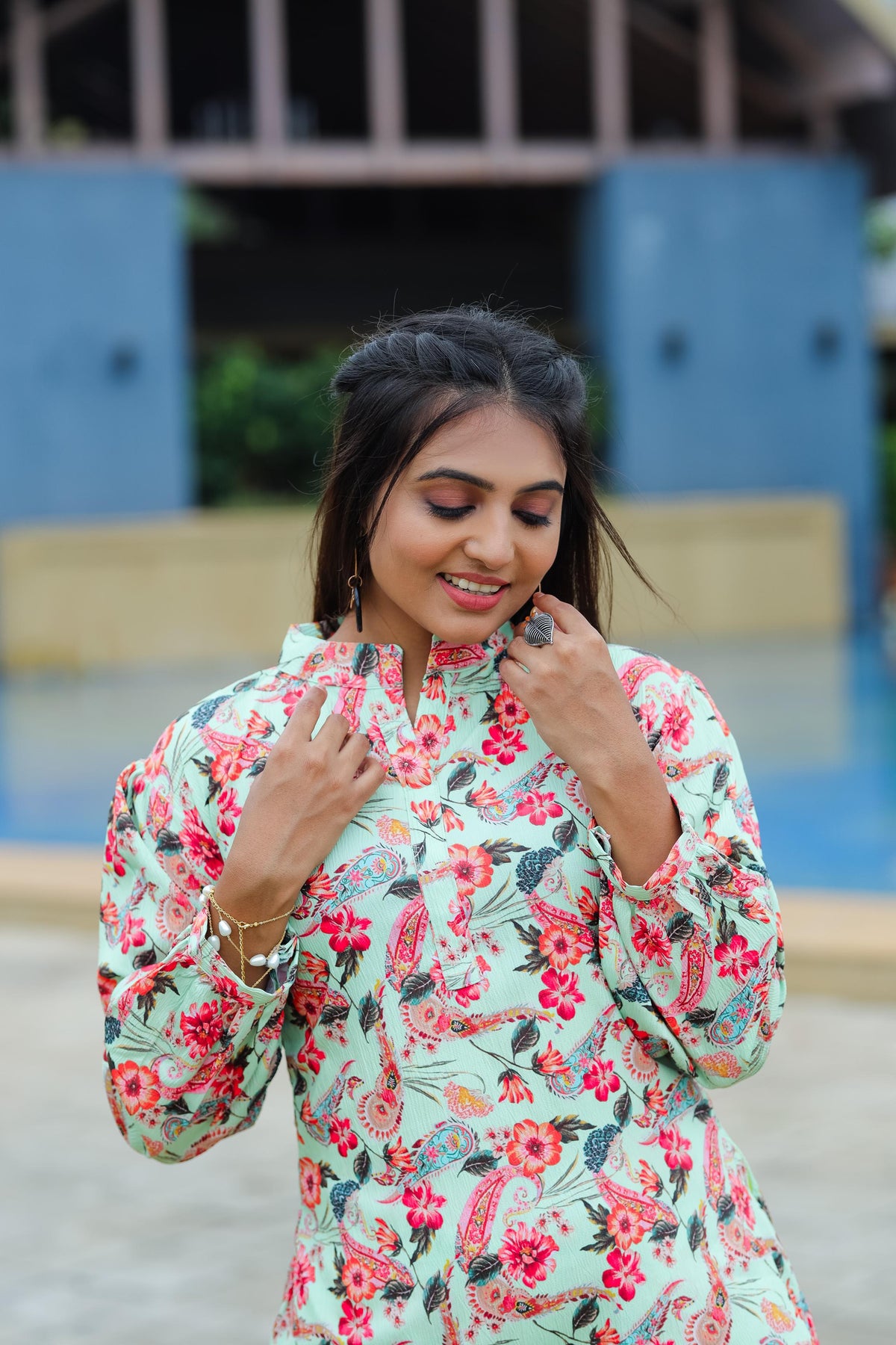 Floral Printed Mandarin Collar Top With Straight Trousers