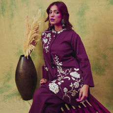 Women Elegant Purple Co-Ord Set Featuring Thread Embroidery , Paired With Ankle-Length Trousers For A Chic, Coordinated Look.