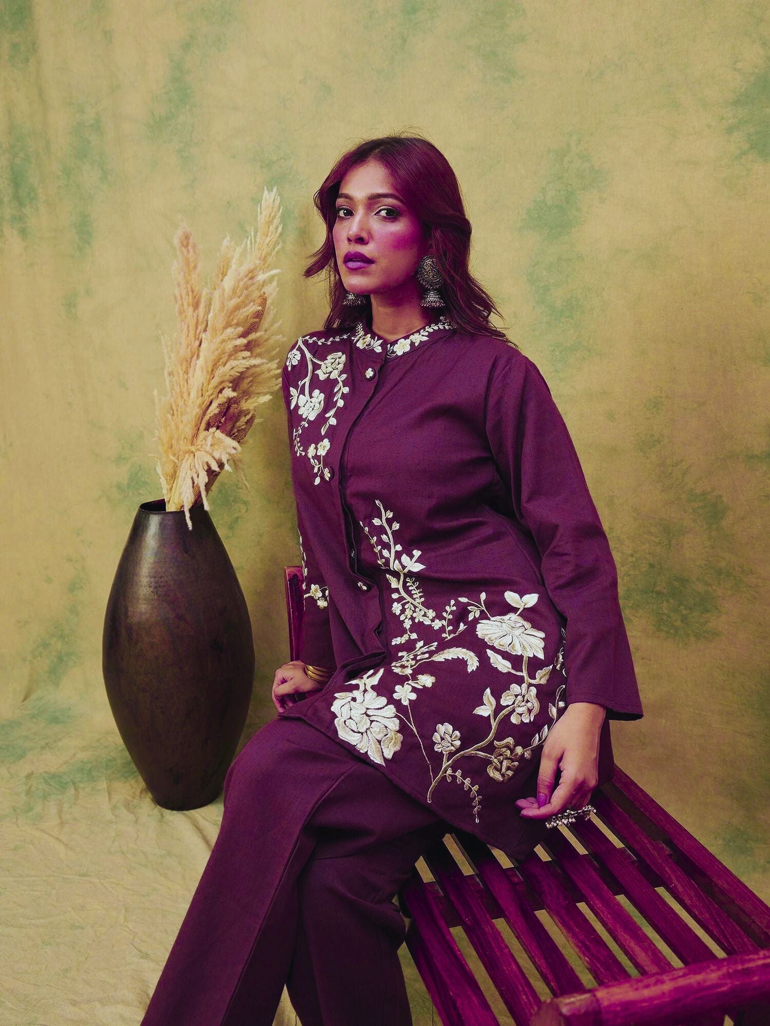 Women Elegant Purple Co-Ord Set Featuring Thread Embroidery , Paired With Ankle-Length Trousers For A Chic, Coordinated Look.