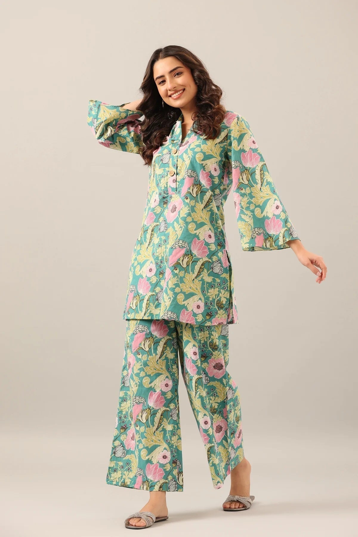Women's Cotton Regular Fit Floral Printed Top and Plazzo Co-ord Set with Elegant Design