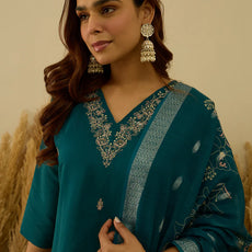 Saanjh Teal Women Kurta and Pant Dupatta Sets Silk Fabrics with Embroidery