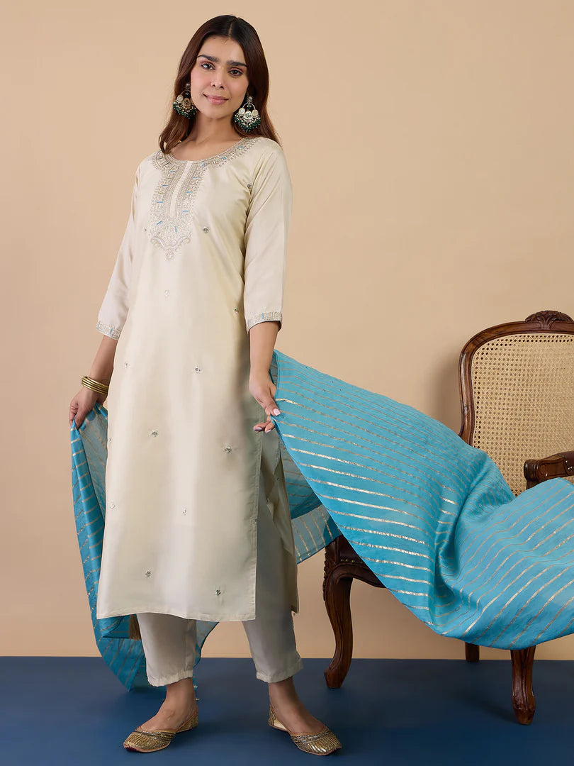 Zanira Cream Women's Designer Kurta Pant Set Premium Pattern Collection