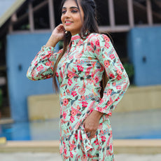 Floral Printed Mandarin Collar Top With Straight Trousers