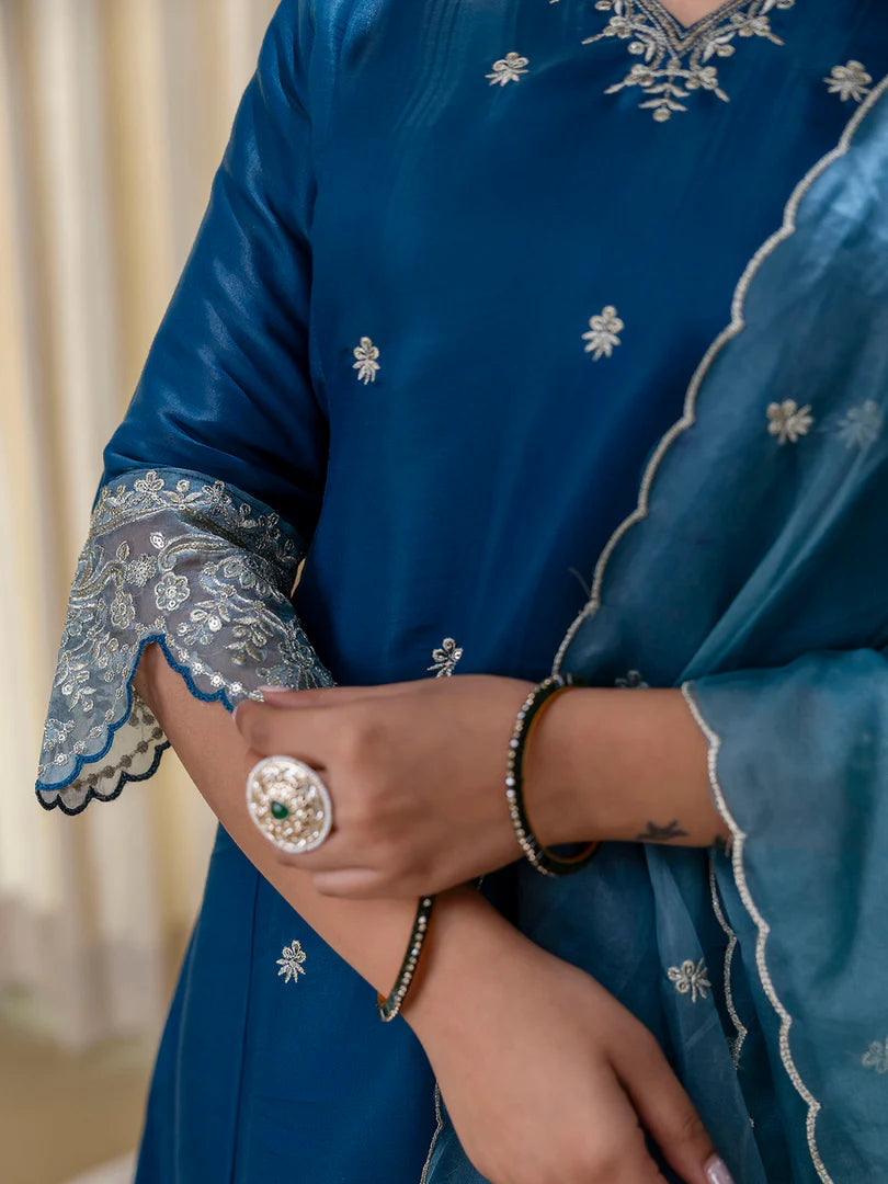 Meher Teal-blue Embroidred Kurta Sets with Sequins Work Women Suits