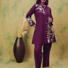 Women Elegant Purple Co-Ord Set Featuring Thread Embroidery , Paired With Ankle-Length Trousers For A Chic, Coordinated Look.