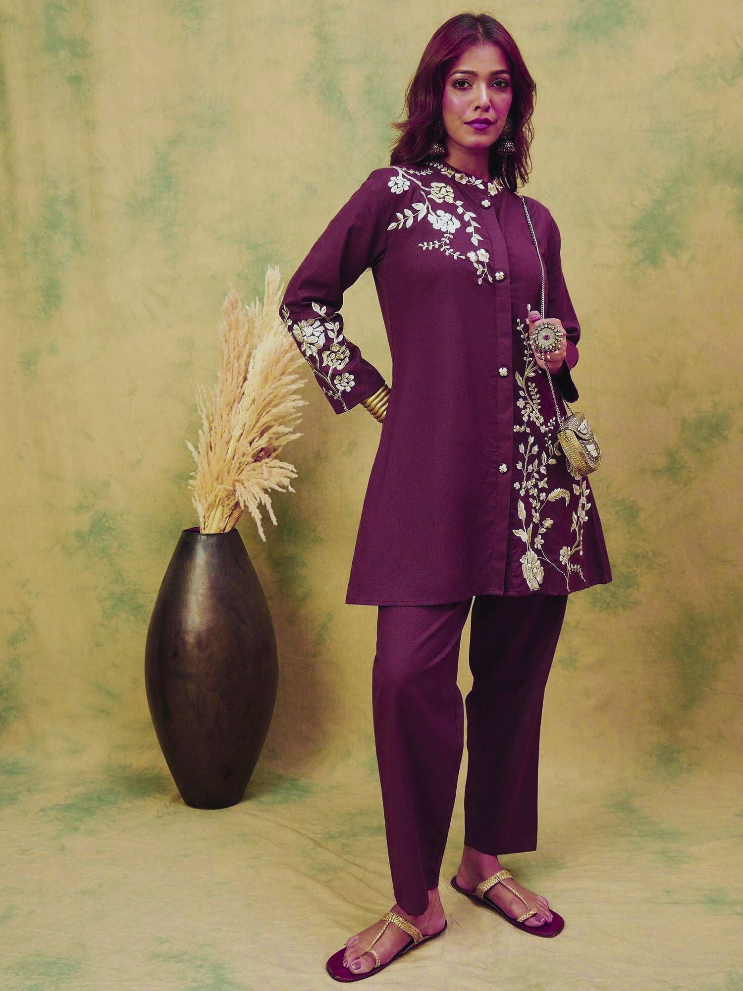 Women Elegant Purple Co-Ord Set Featuring Thread Embroidery , Paired With Ankle-Length Trousers For A Chic, Coordinated Look.
