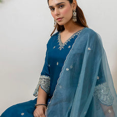 Meher Teal-blue Embroidred Kurta Sets with Sequins Work Women Suits