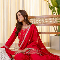 Rani Pink Silk Blend Embroidered with Sequins Straight Kurta Palazzo Dupatta Set