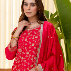 Rani Pink Silk Blend Embroidered with Sequins Straight Kurta Palazzo Dupatta Set