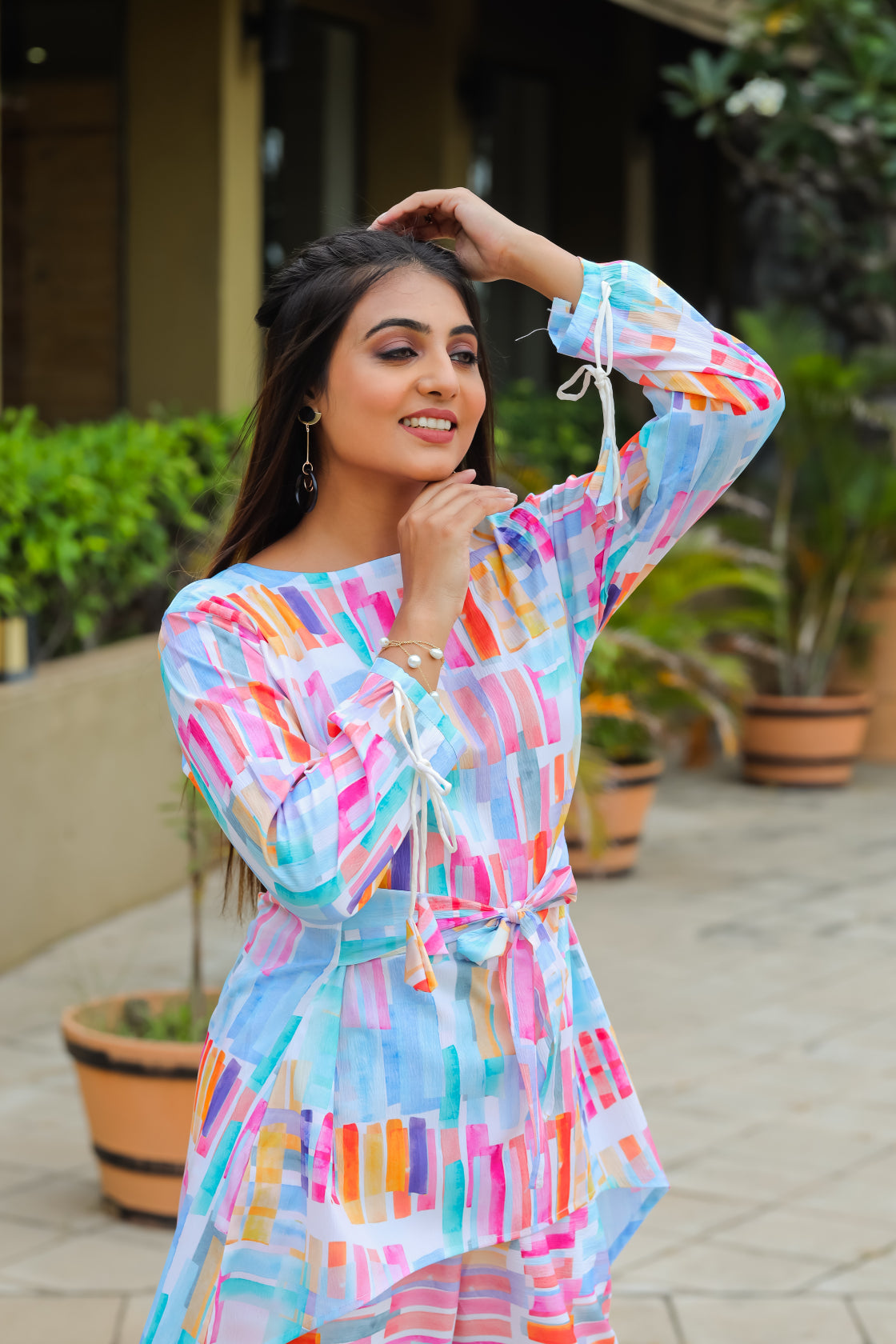 Geometric Printed Boat Neck Tunic & Trousers Cotton Co-Ords