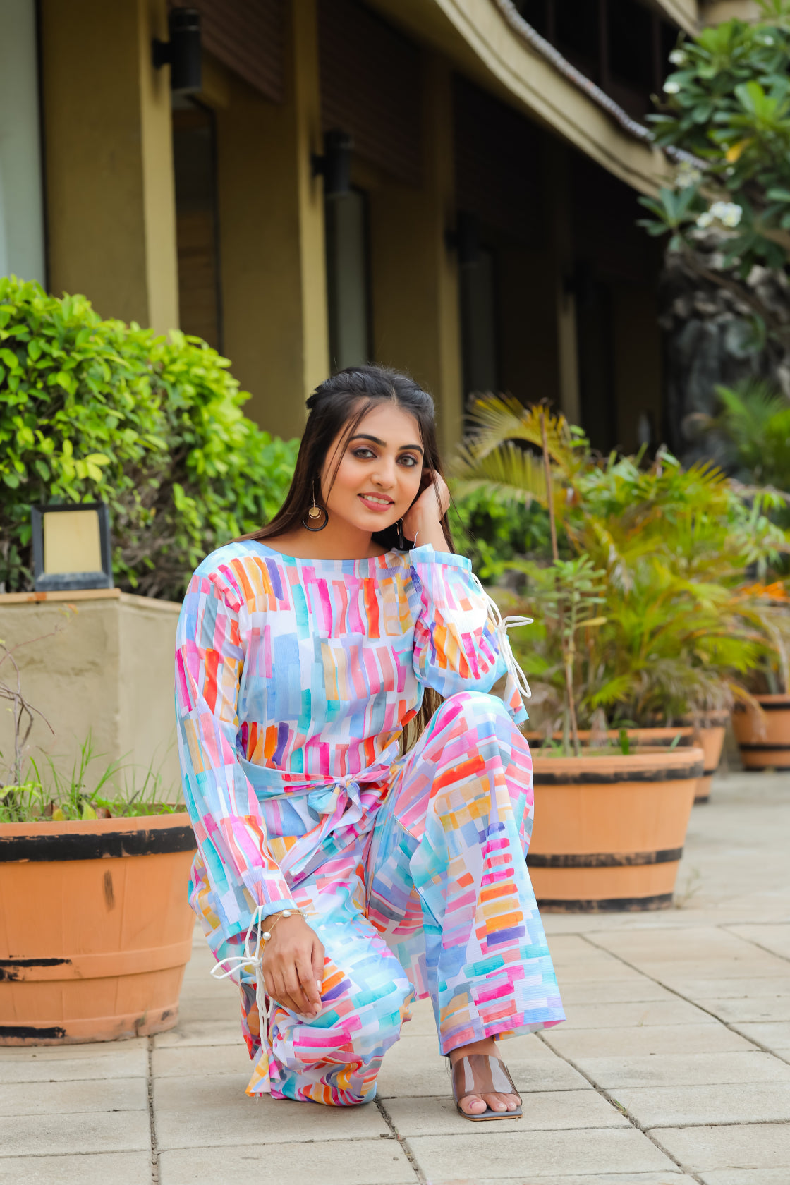 Geometric Printed Boat Neck Tunic & Trousers Cotton Co-Ords