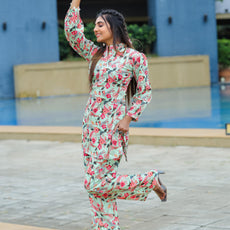Floral Printed Mandarin Collar Top With Straight Trousers