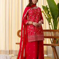 Rani Pink Silk Blend Embroidered with Sequins Straight Kurta Palazzo Dupatta Set