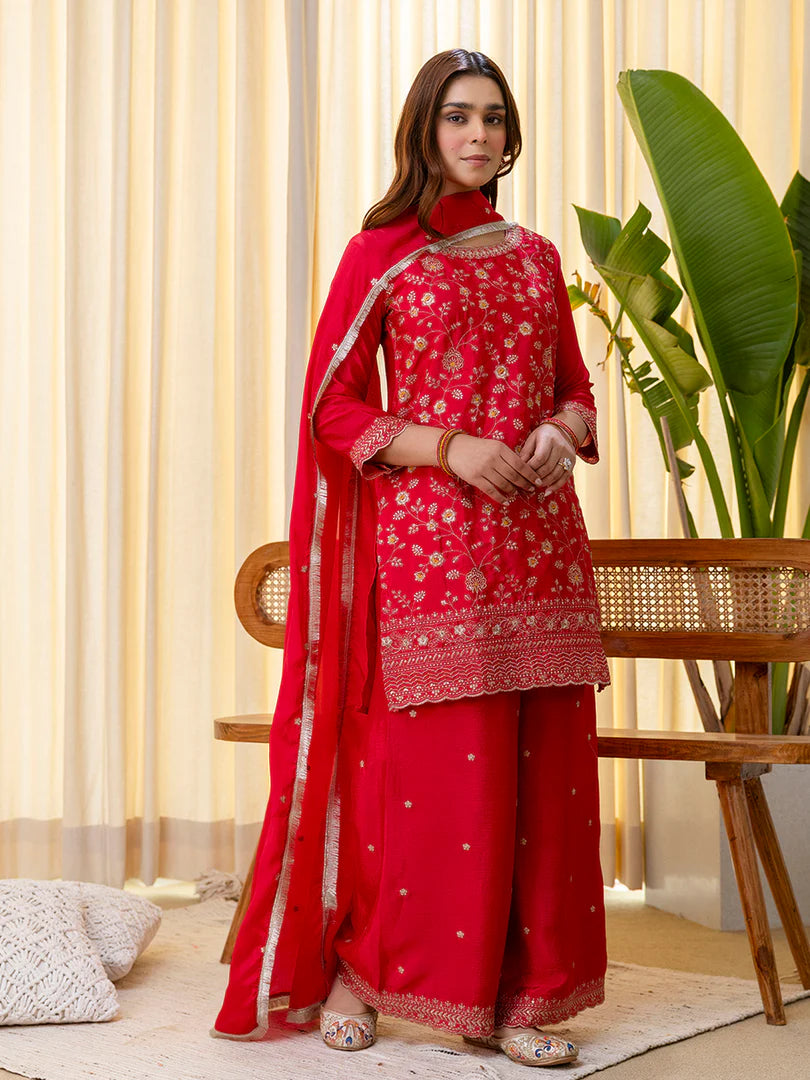 Rani Pink Silk Blend Embroidered with Sequins Straight Kurta Palazzo Dupatta Set
