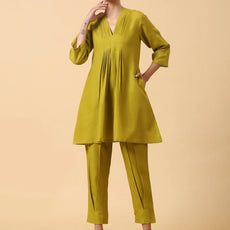 Rayon Slub Lime Green Pleated Co-Ord Set