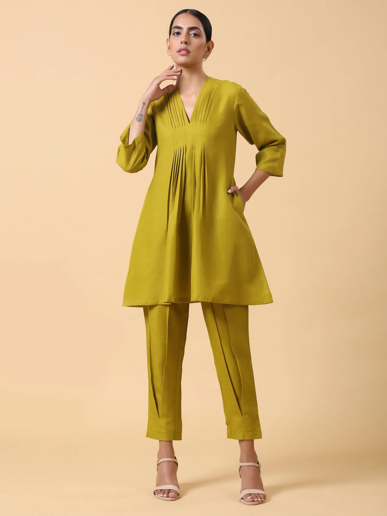 Rayon Slub Lime Green Pleated Co-Ord Set