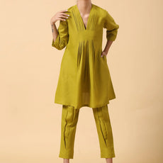 Rayon Slub Lime Green Pleated Co-Ord Set