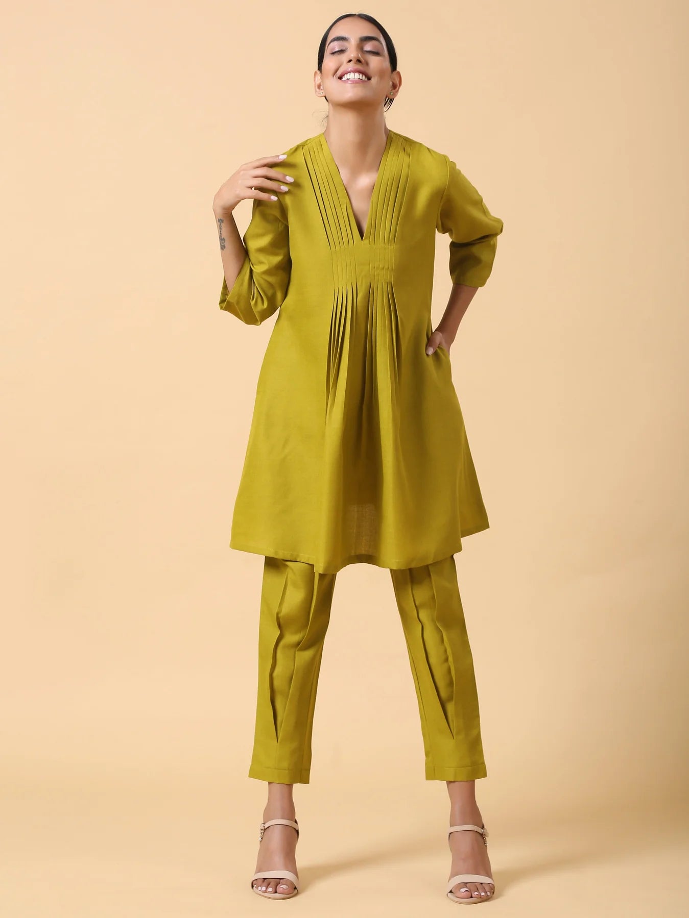Rayon Slub Lime Green Pleated Co-Ord Set