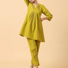 Rayon Slub Lime Green Pleated Co-Ord Set