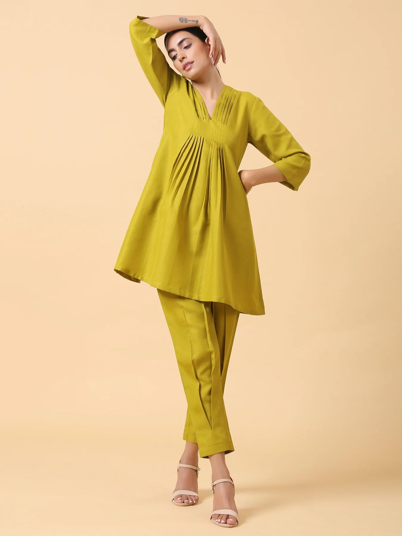 Rayon Slub Lime Green Pleated Co-Ord Set