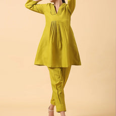 Rayon Slub Lime Green Pleated Co-Ord Set