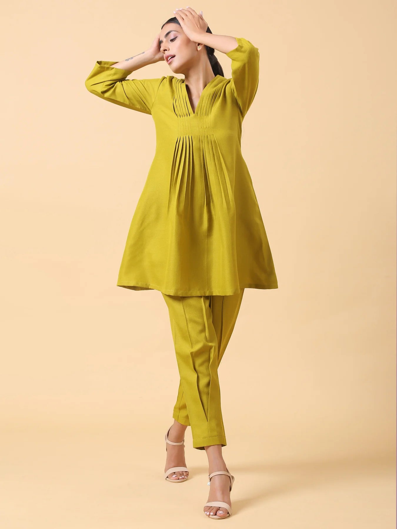 Rayon Slub Lime Green Pleated Co-Ord Set