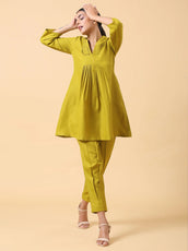 Rayon Slub Lime Green Pleated Co-Ord Set