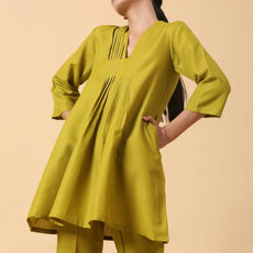 Rayon Slub Lime Green Pleated Co-Ord Set