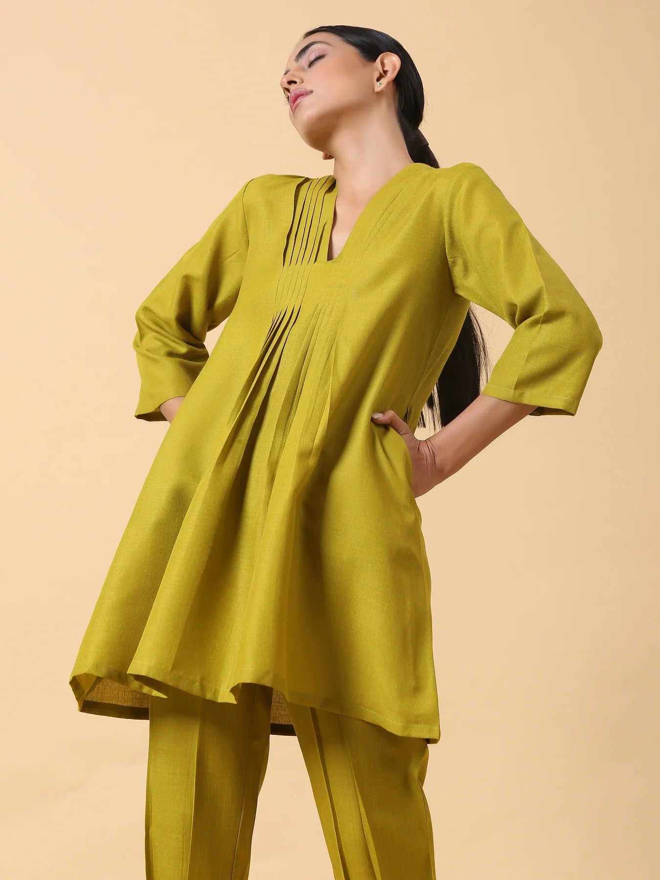 Rayon Slub Lime Green Pleated Co-Ord Set