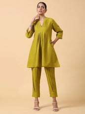 Rayon Slub Lime Green Pleated Co-Ord Set