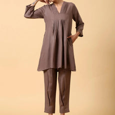 Rayon Slub Burnt Brown Pleated Co-Ord Set