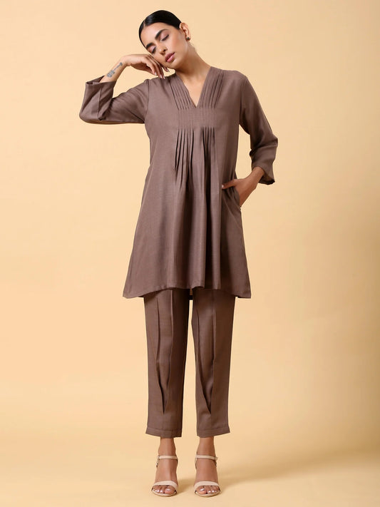 Rayon Slub Burnt Brown Pleated Co-Ord Set