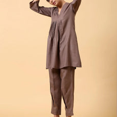 Rayon Slub Burnt Brown Pleated Co-Ord Set