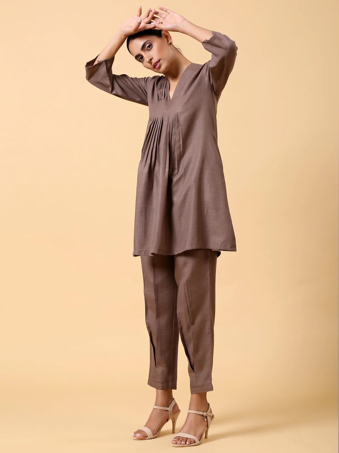 Rayon Slub Burnt Brown Pleated Co-Ord Set