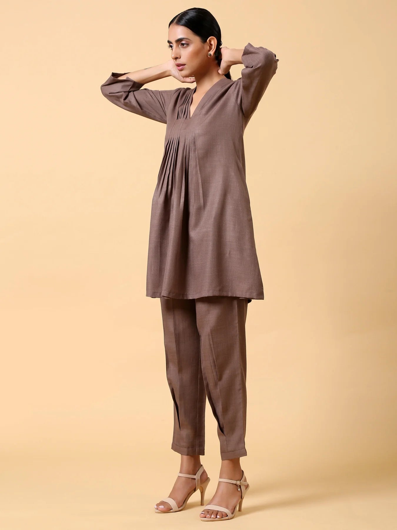 Rayon Slub Burnt Brown Pleated Co-Ord Set