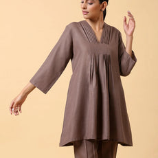 Rayon Slub Burnt Brown Pleated Co-Ord Set