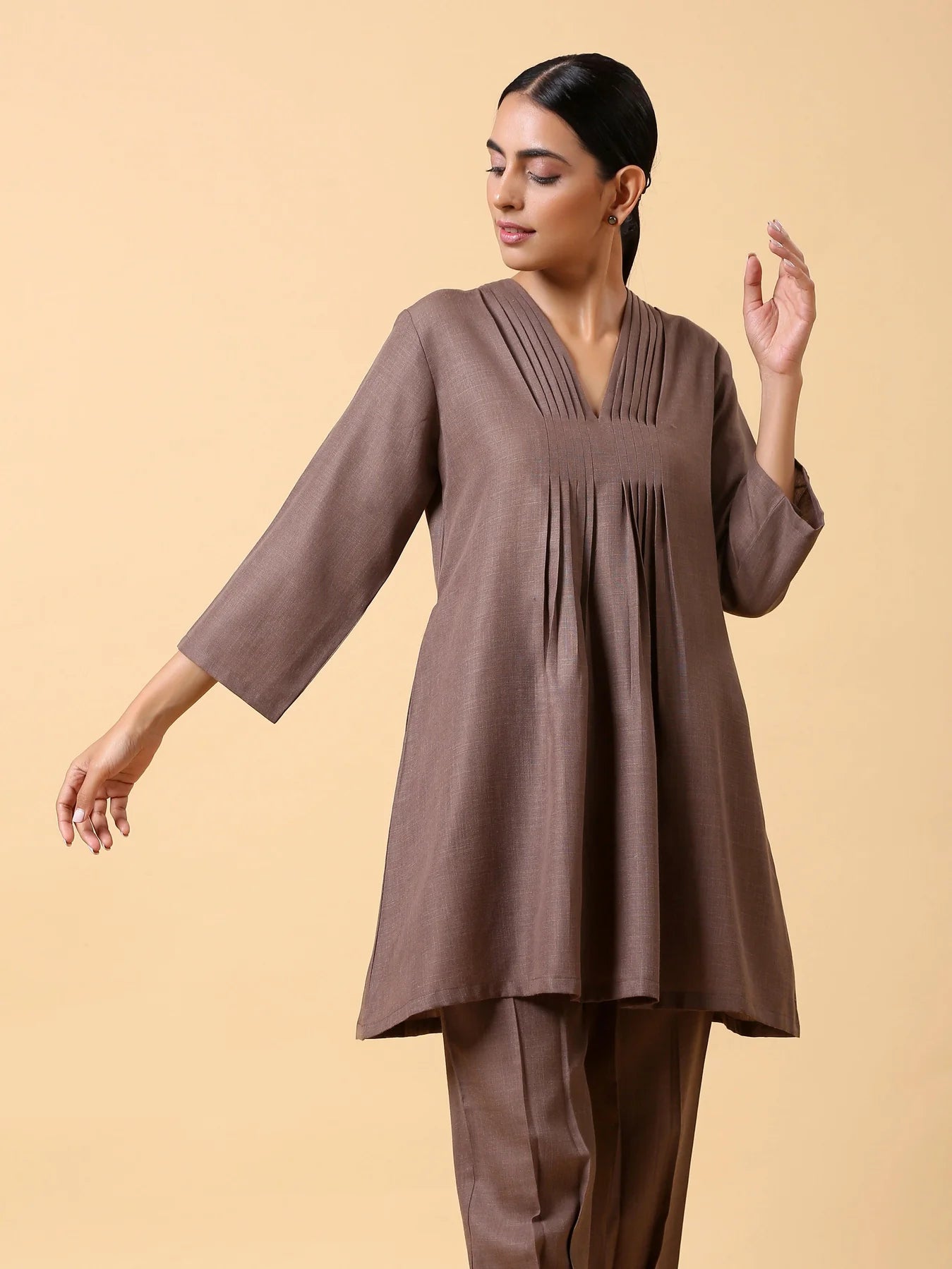 Rayon Slub Burnt Brown Pleated Co-Ord Set
