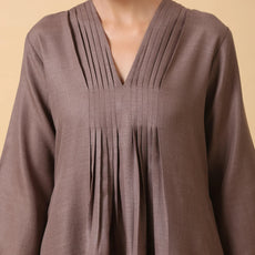 Rayon Slub Burnt Brown Pleated Co-Ord Set