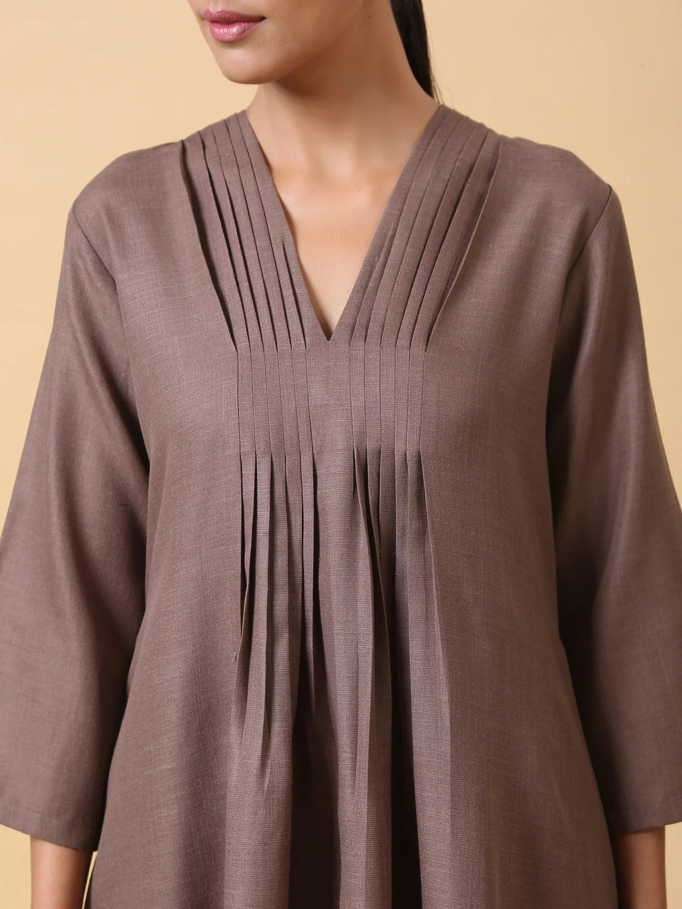 Rayon Slub Burnt Brown Pleated Co-Ord Set