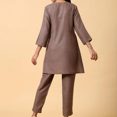 Rayon Slub Burnt Brown Pleated Co-Ord Set